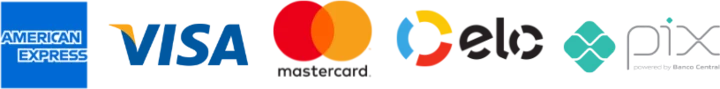 Formas de pagamento: American Express, Visa, Mastercard, Elo e Pix